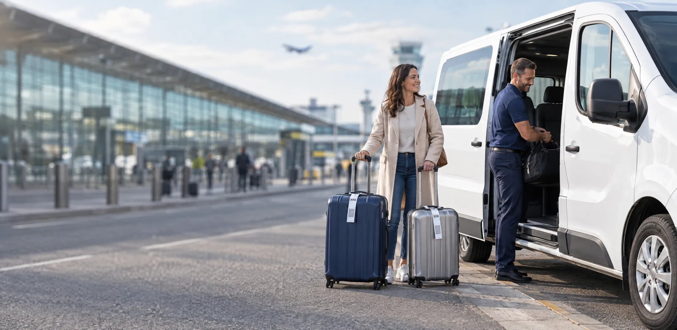 Parking Lotnisko Chopina – transfer busem pod terminal, podróżna z walizkami
